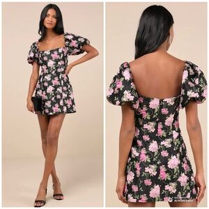 Lulus XL Completely Beloved Black Floral Puff Sleeve Mini Dress NWT VERY SHORT